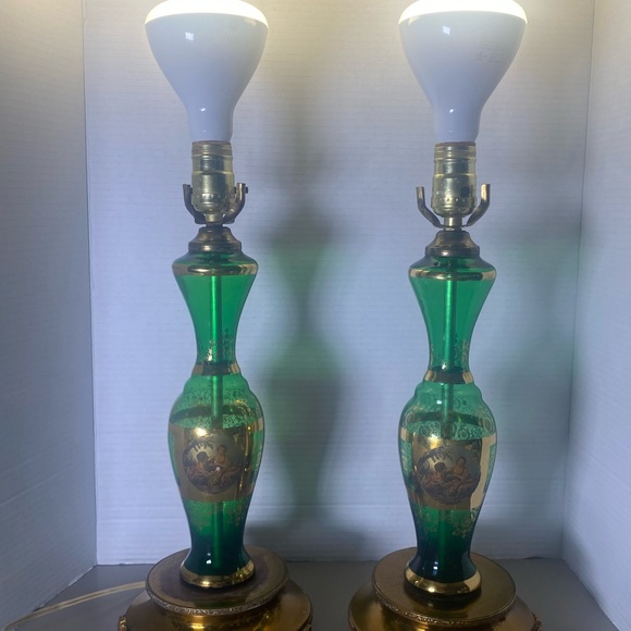 Pair of Antique Bohemian Glass Emerald Green Lamps